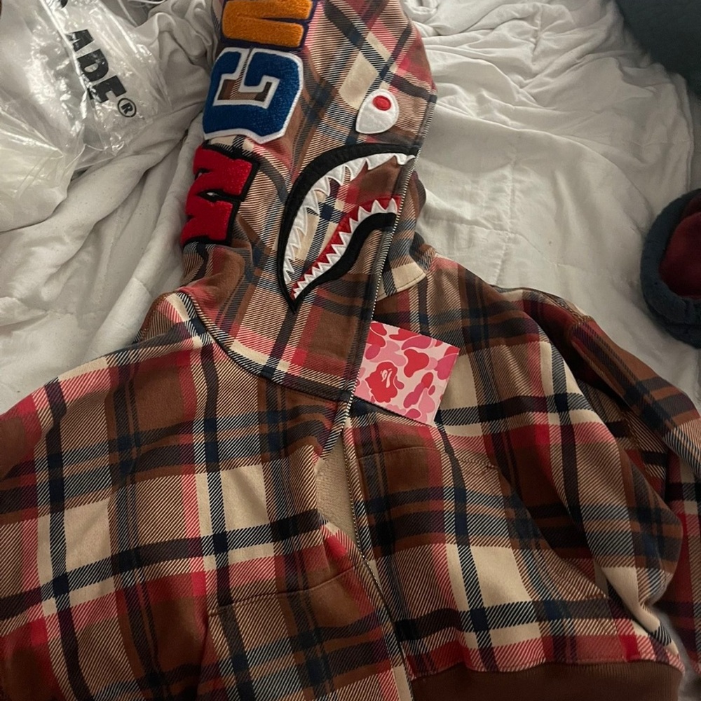 Bape Plaid Jacket with Shark Design - Brown, Red, Blue